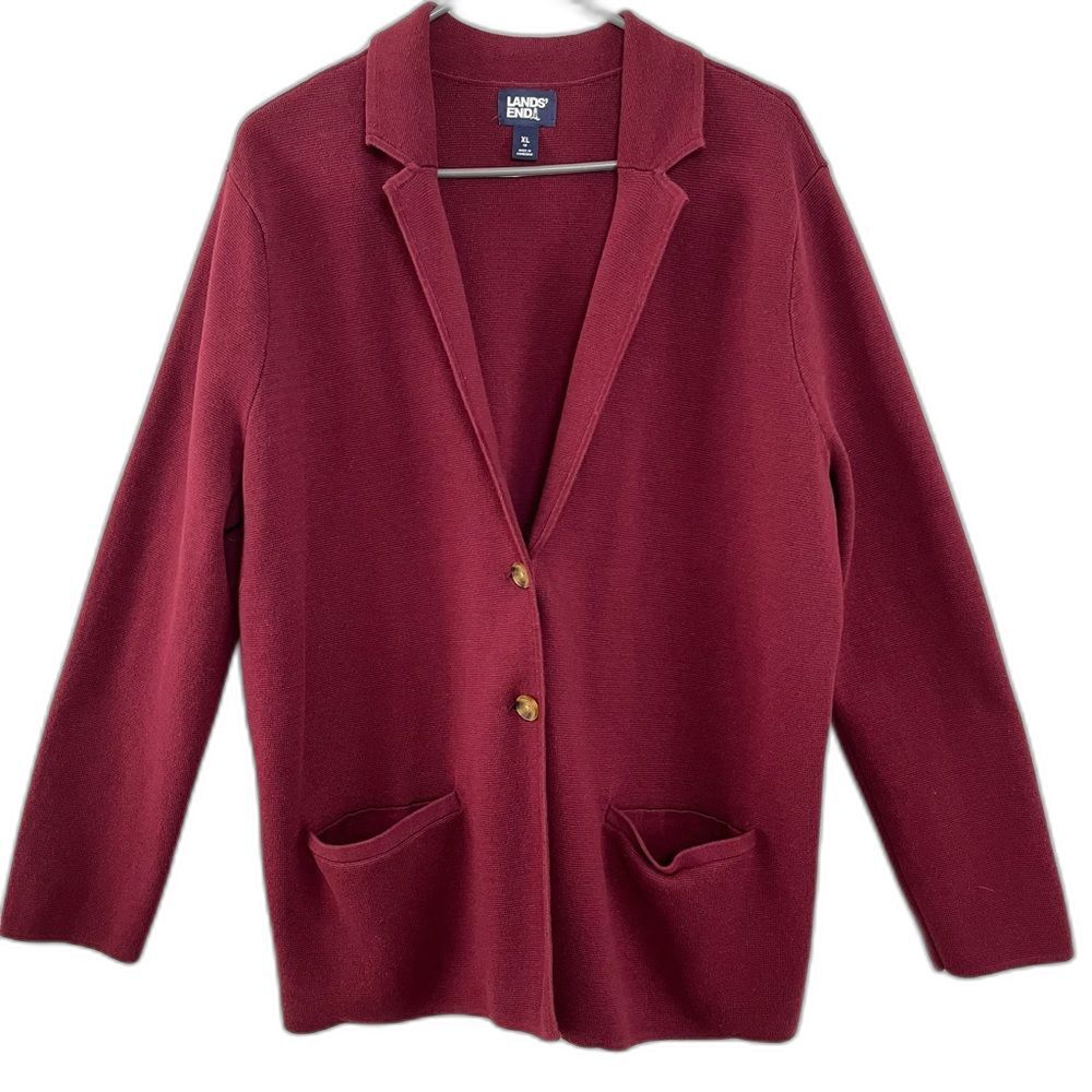 Lands' End Burgundy Stretch Knit Blazer Cardigan | Business Casual Size XL